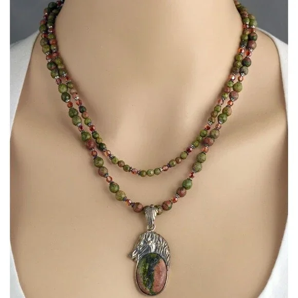 Handcrafted Necklace Earring Set .925 SS Horse Pendant Unakite Swarovski Crystal - Picture 1 of 4